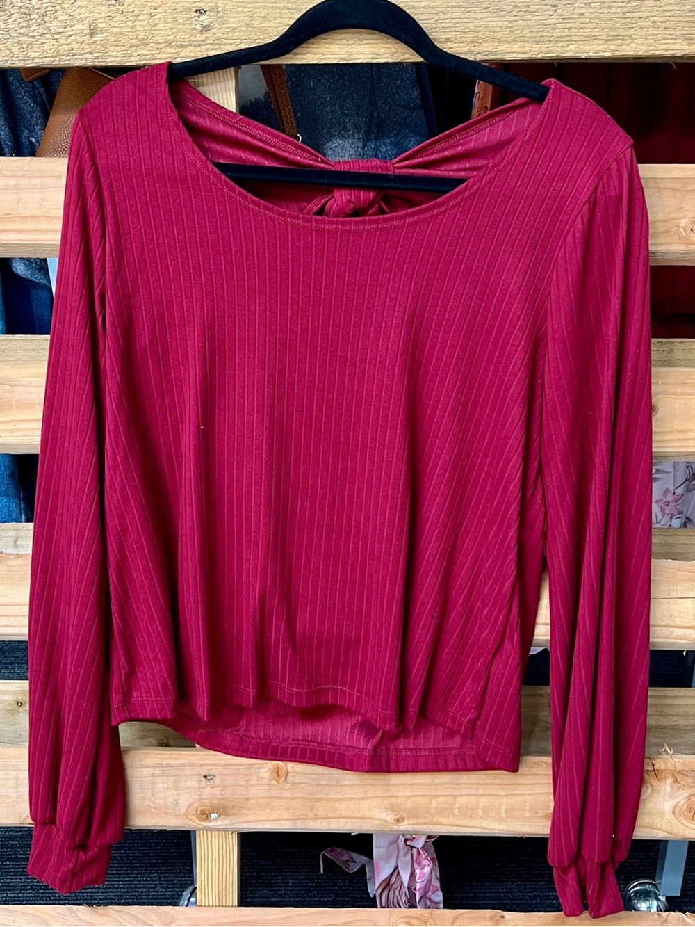 Women’s Ribbed Long-Sleeve Top — Berry Red Twist Back